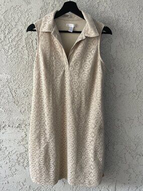 London Times Beige Crochet Lace Dress Sleeveless Collared V-Neck Sheath 10